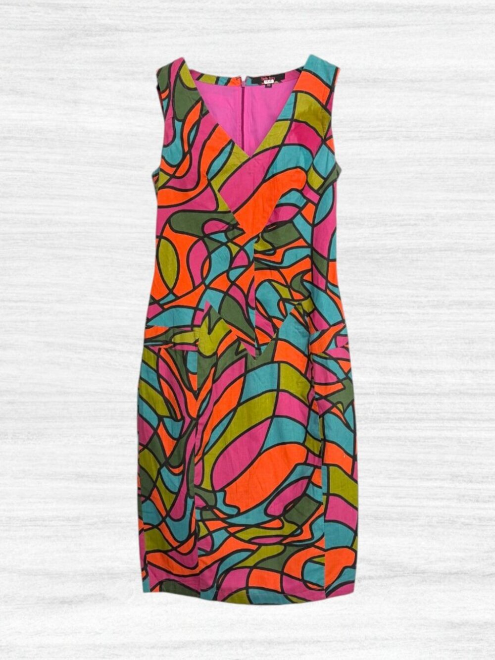 Fish Fry Abstract Print Sheath Dress XS Neon Pink Orange Mod Art Cotton Dress